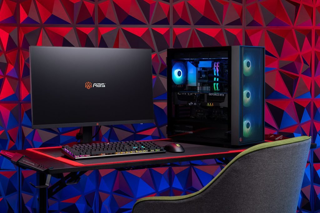 Gaming PC and monitor setup with RGB lighting