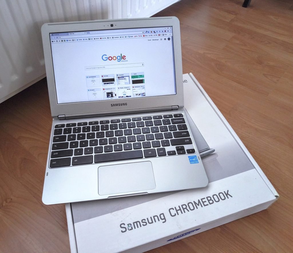 Samsung Chromebook laptop on its box